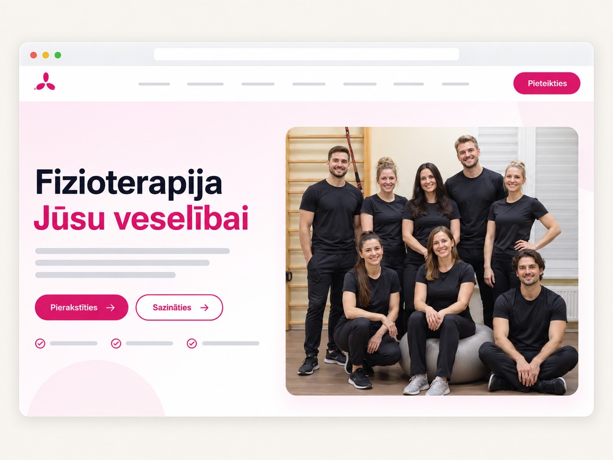 WPM fizioterapijas projekta vāka attēls: speciālistu komanda un pakalpojuma lapa ar pieteikšanās un saziņas pogām