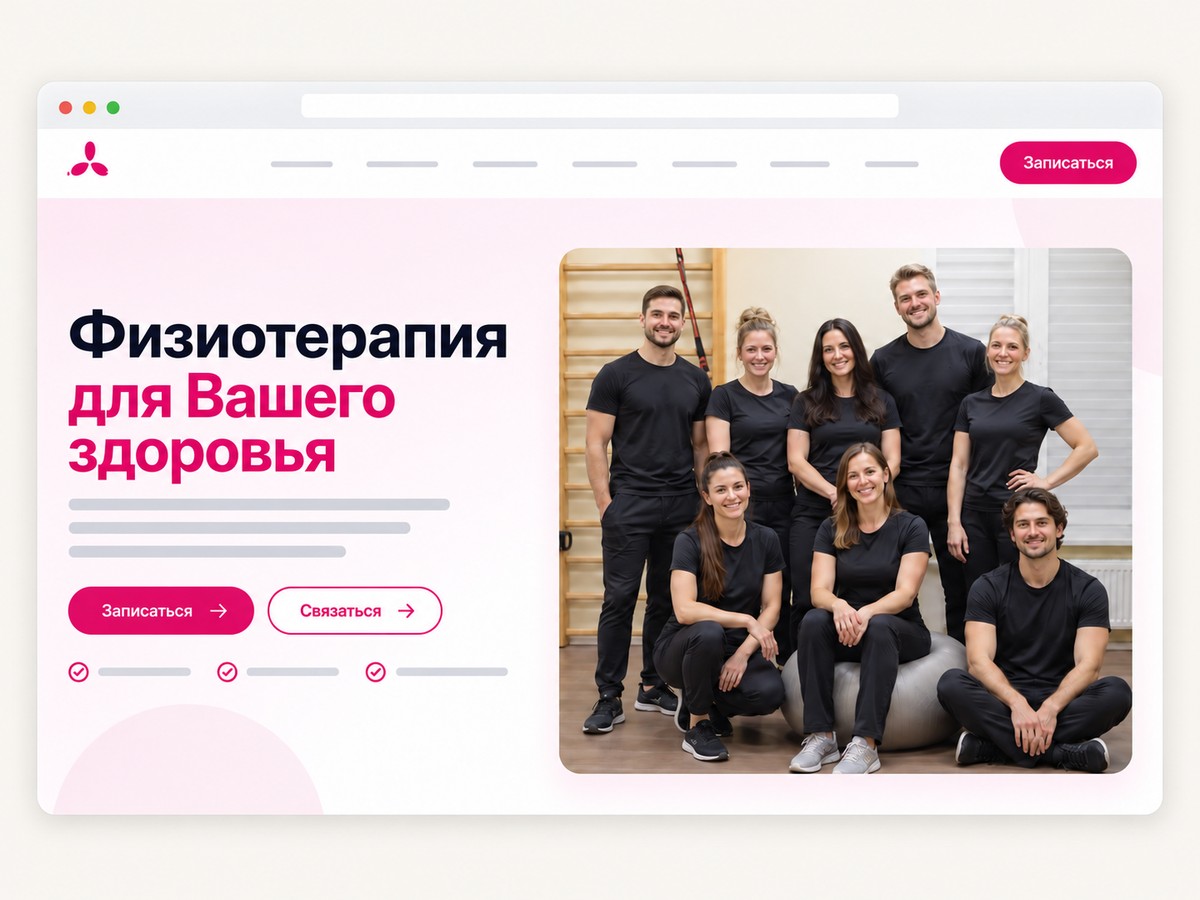 Обложка проекта WPM по физиотерапии: команда специалистов и страница услуги с кнопками записи и связи