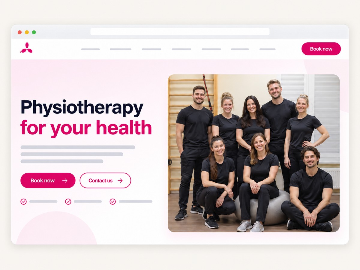 WPM physiotherapy project cover showing a team of specialists and a service page with booking and contact buttons